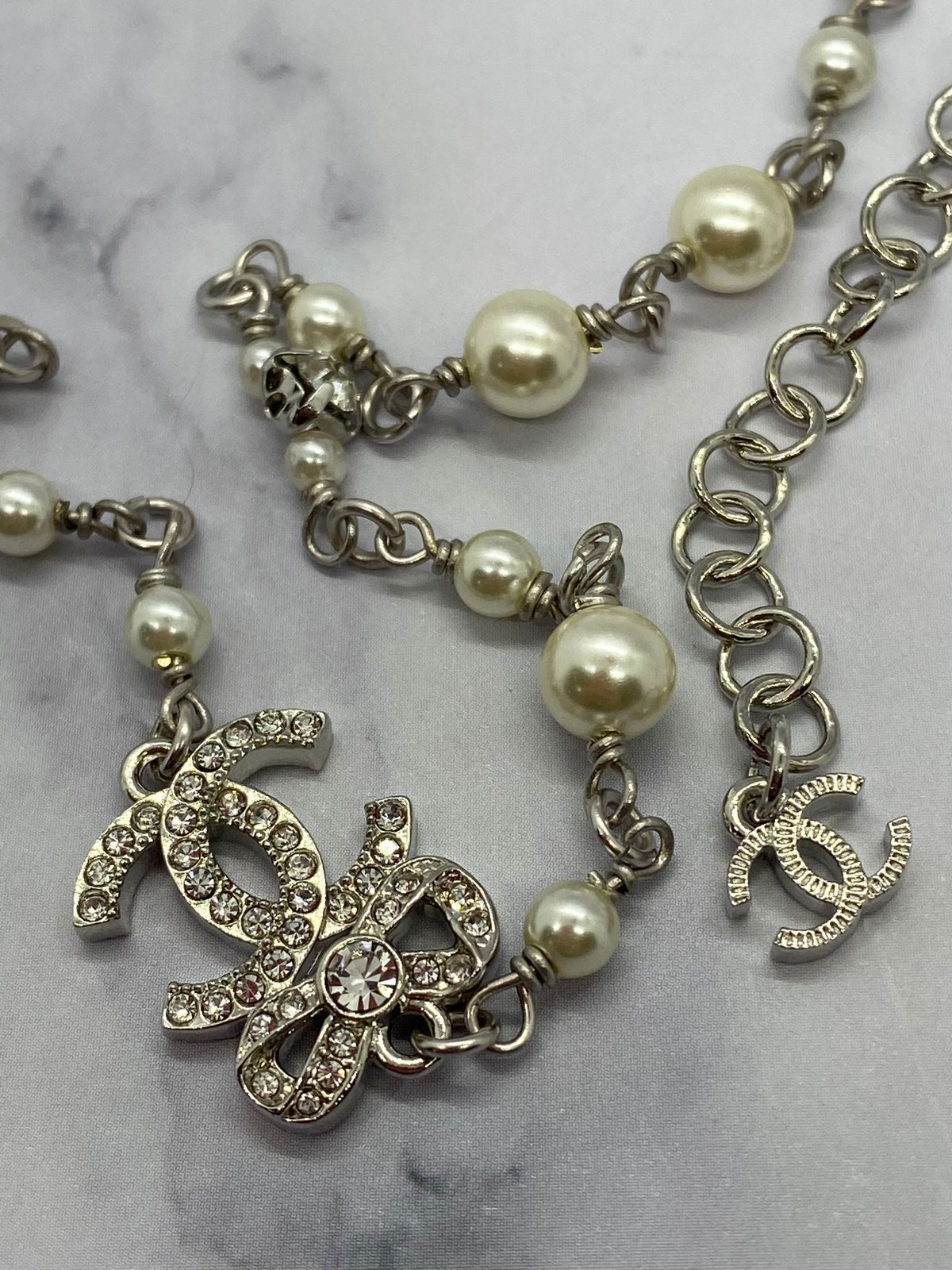 CHANEL CC Silver Tone Rhinestone Necklace - USED
