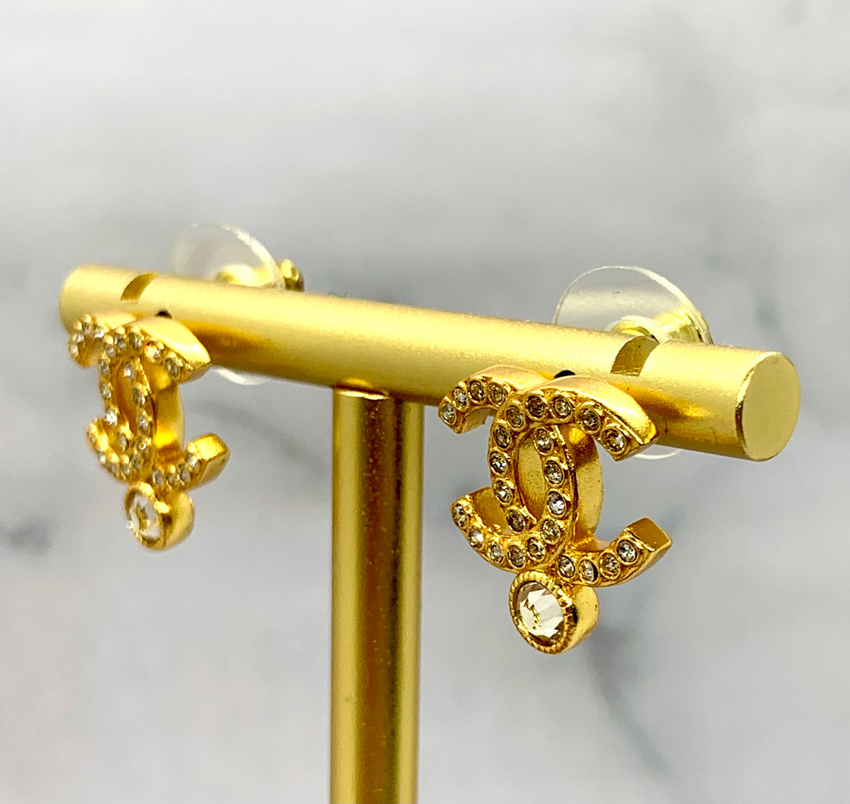 CHANEL CC Gold Tone Rhinestone Earrings - USED