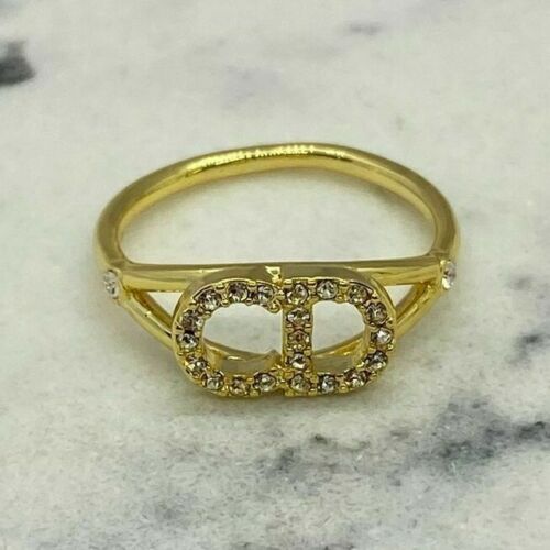 CHRISTIAN DIOR CD Gold Tone Rhinestone Ring Size 7 M - Pre owned
