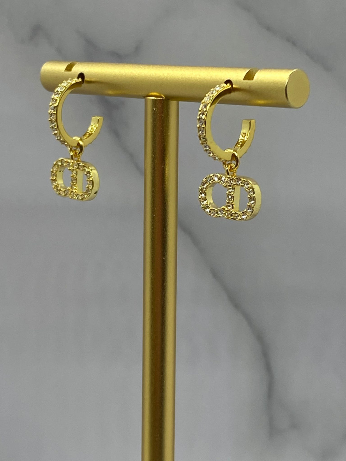 CHRISTIAN DIOR CD Gold Tone Rhinestone Hoop Earrings - Pre owned