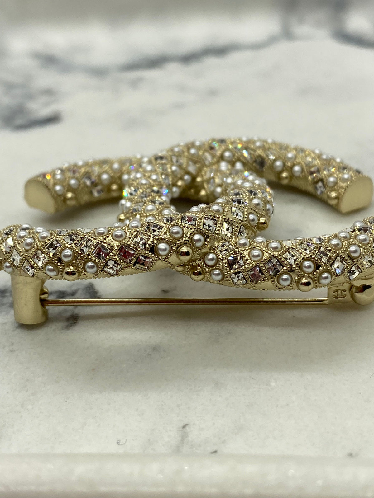 CHANEL CC Gold Tone Rhinestone Brooch Pin - USED
