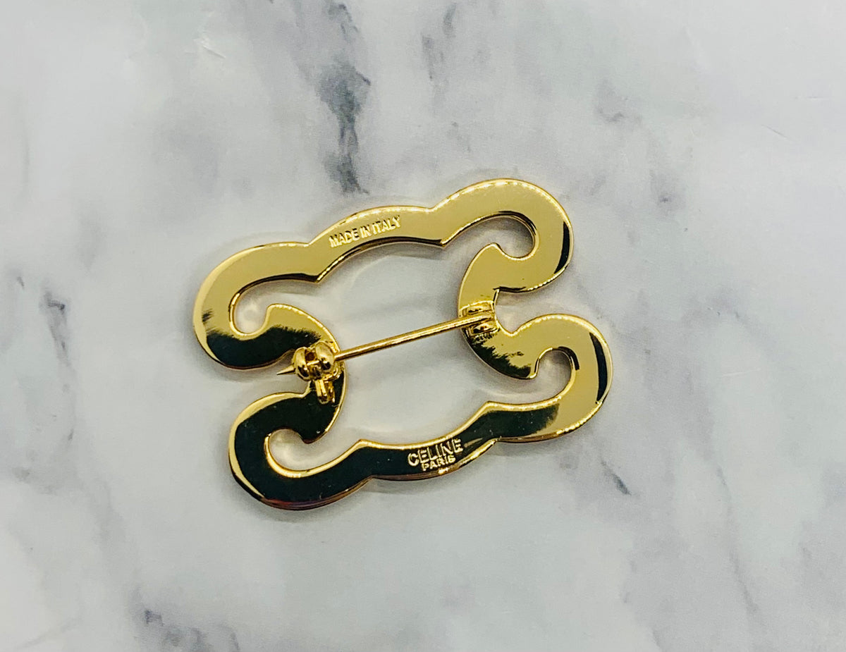 CELINE Monogram Rhinestone Trim Brooch Pin - Pre owned