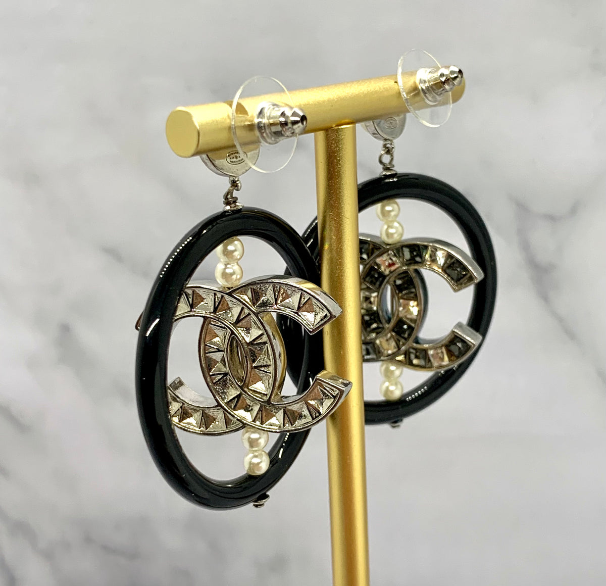 CHANEL CC Rhinestone Spinning Hoop Earrings - USED