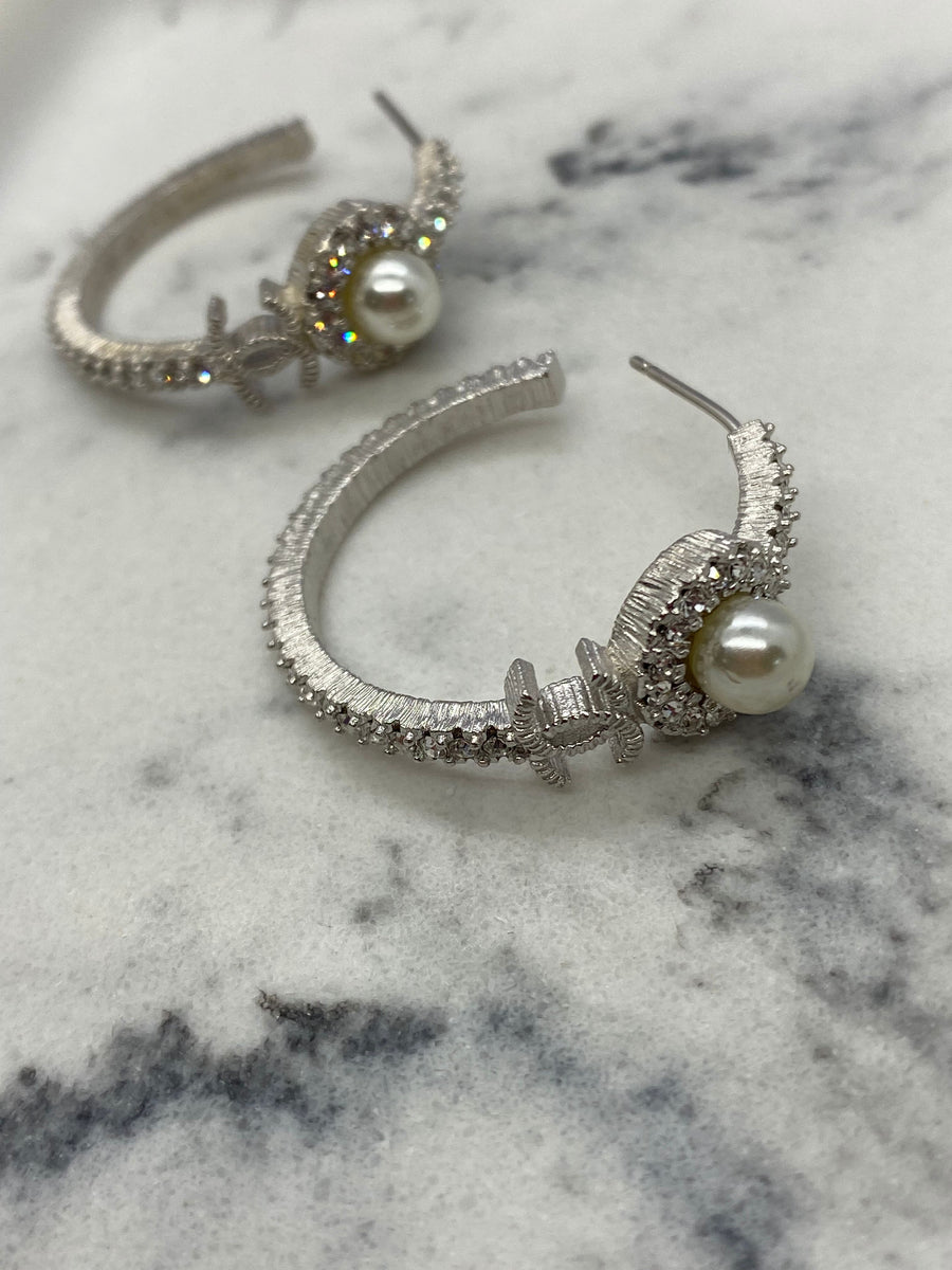 CHANEL CC Silver Tone Pearl Hoop Earrings - USED