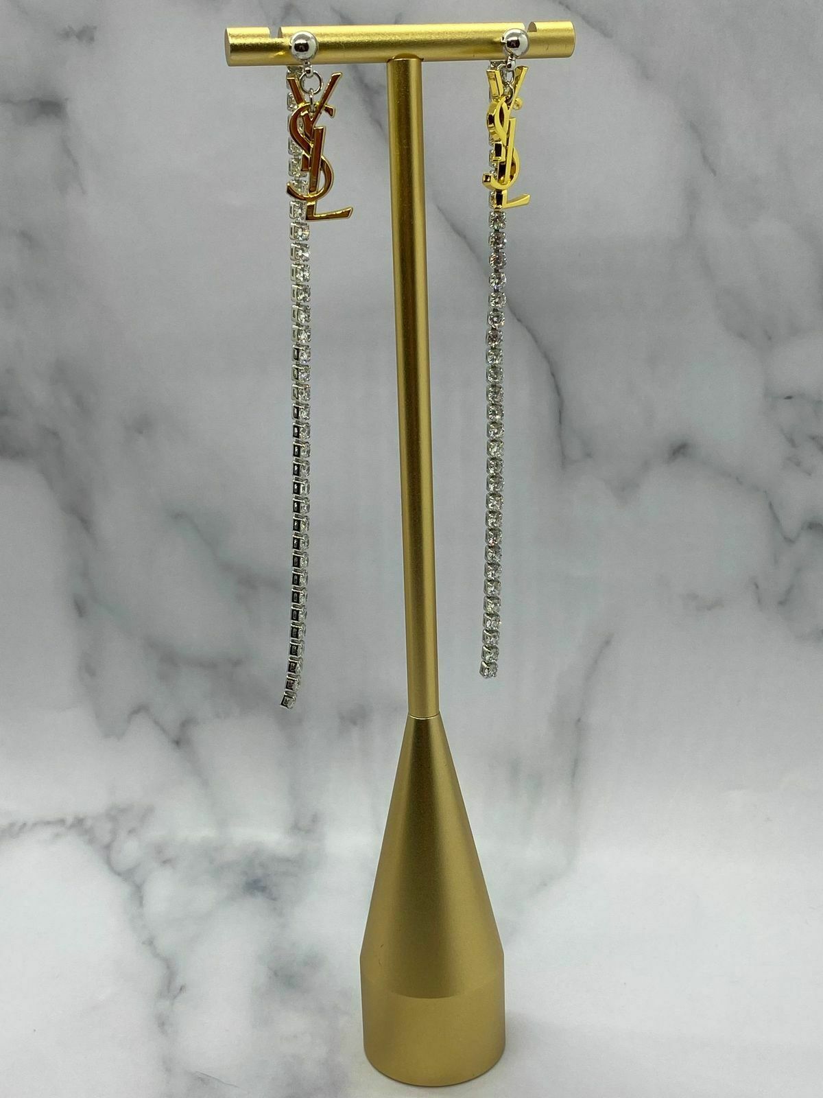 YSL Yves Saint Laurent Gold Tone Rhinestone Pendant Earrings - Pre owned
