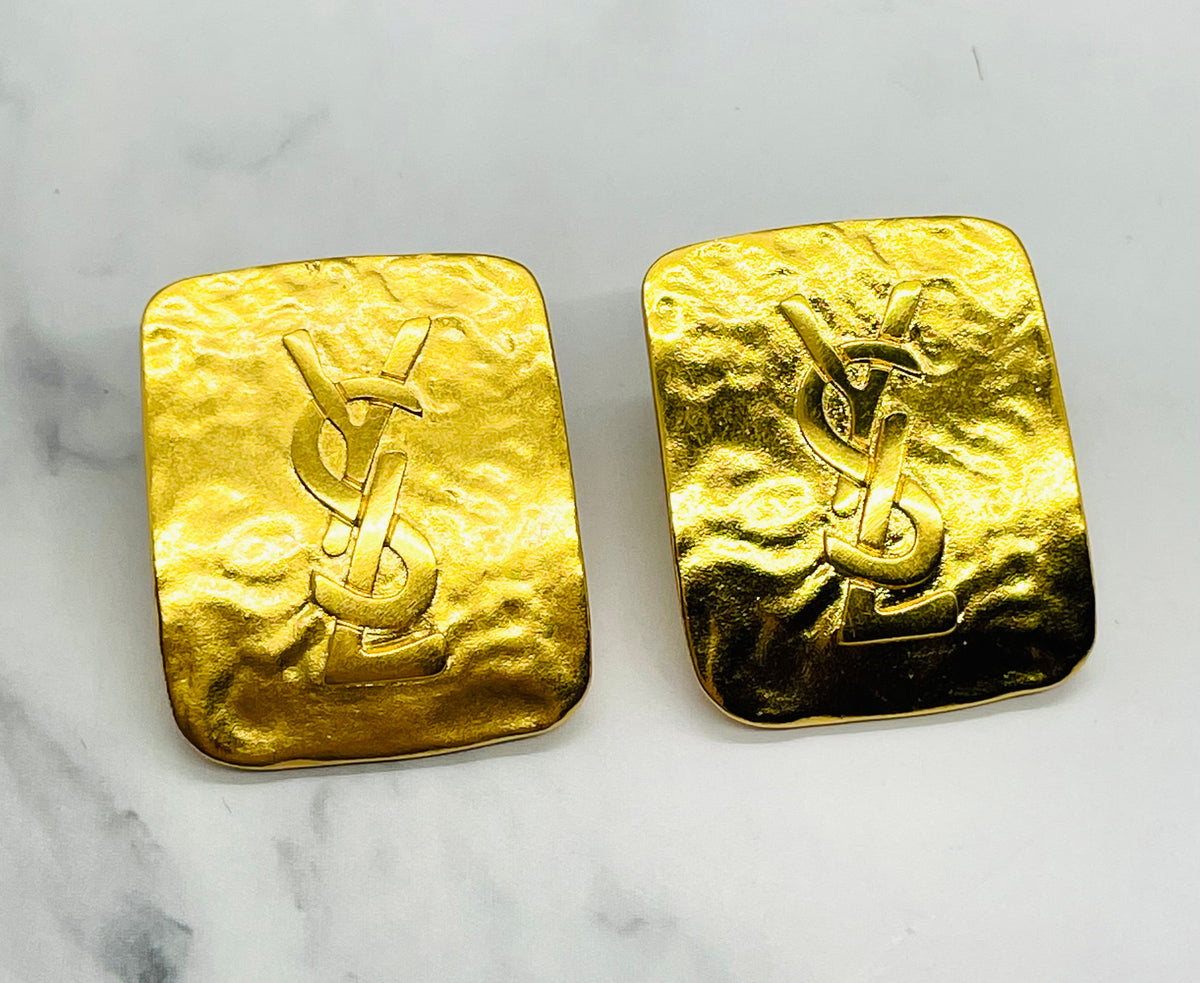 YSL Gold Hammered Monogram Post Earrings