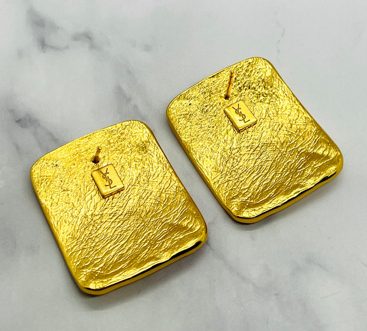 YSL Gold Hammered Monogram Post Earrings