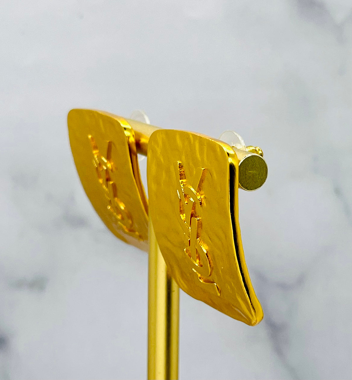 YSL Gold Hammered Monogram Post Earrings