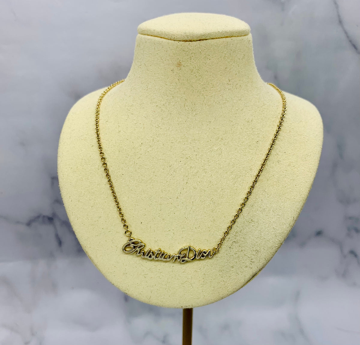 CHRISTIAN DIOR Silver Tone Cursive Nameplate Necklace - Pre-Owned — 1