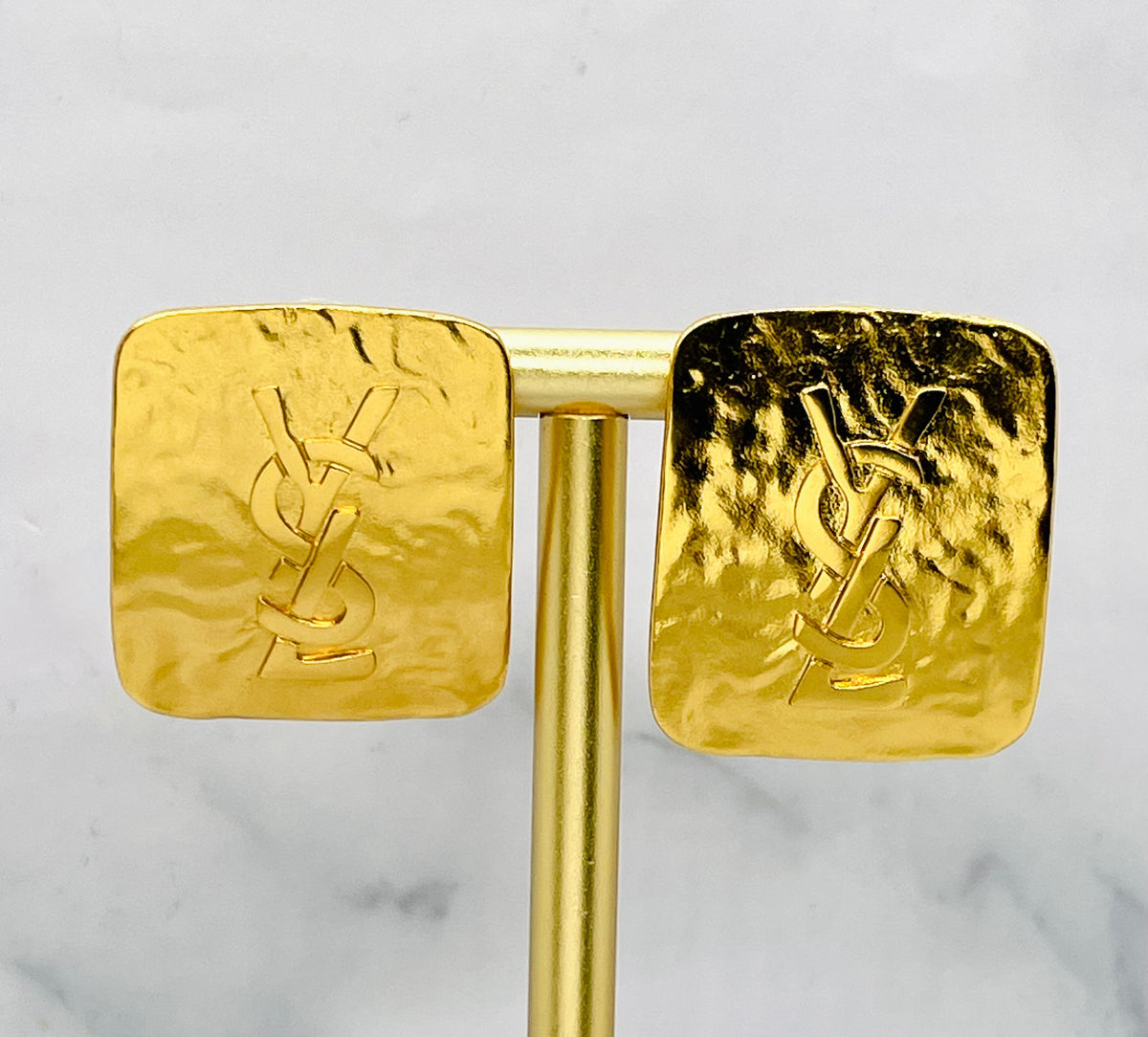 YSL Gold Hammered Monogram Post Earrings