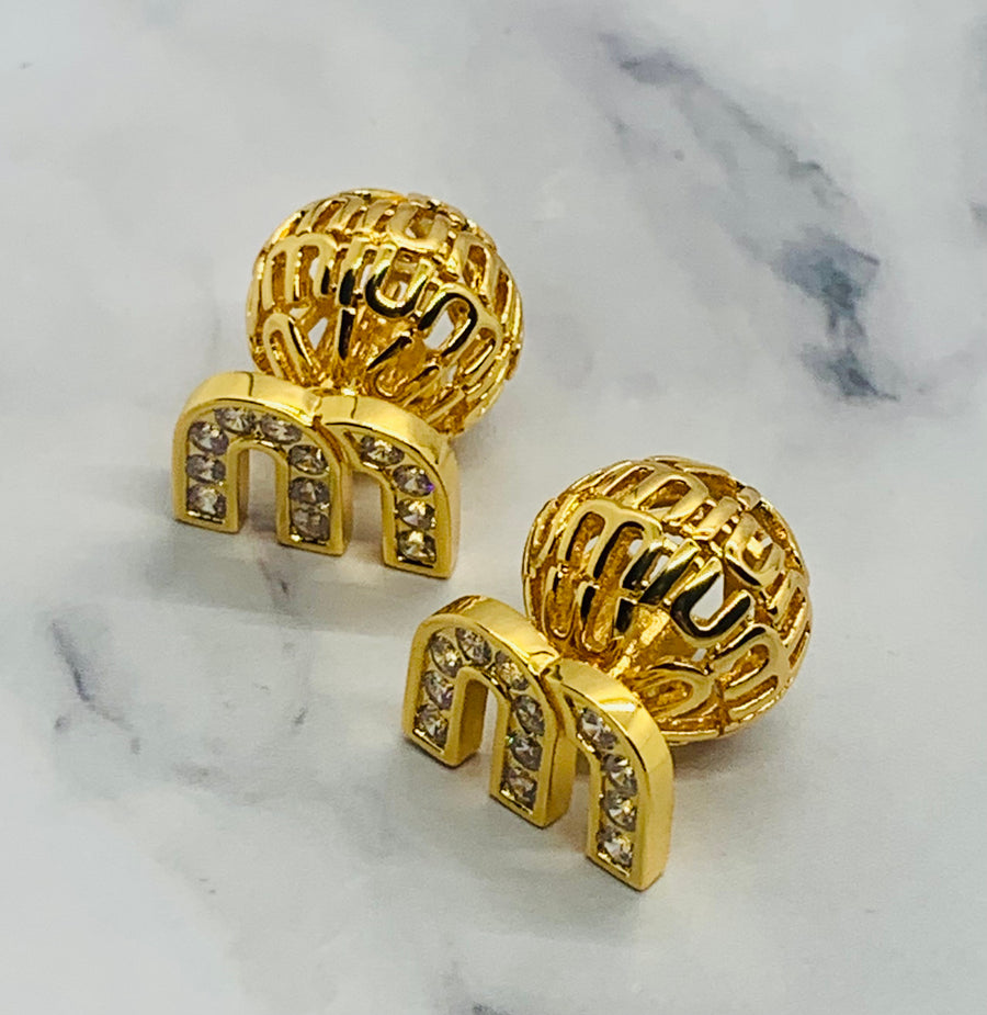 MIU MIU Gold Tone Rhinestone Back Ball Earrings - Pre-Owned — 1
