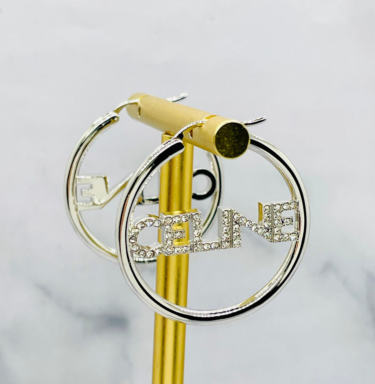 Celine Silver Rhinestone Hoop Earrings