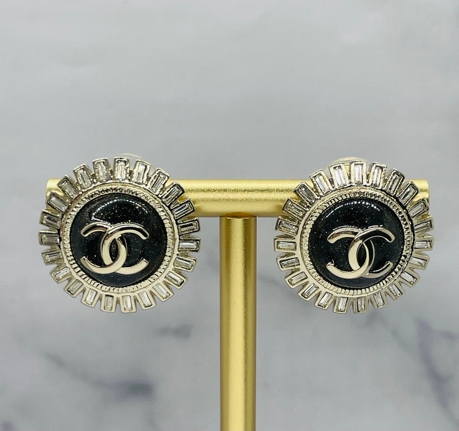CHANEL CC Black Enamel Rhinestone Button Earrings - Pre-Owned — 1