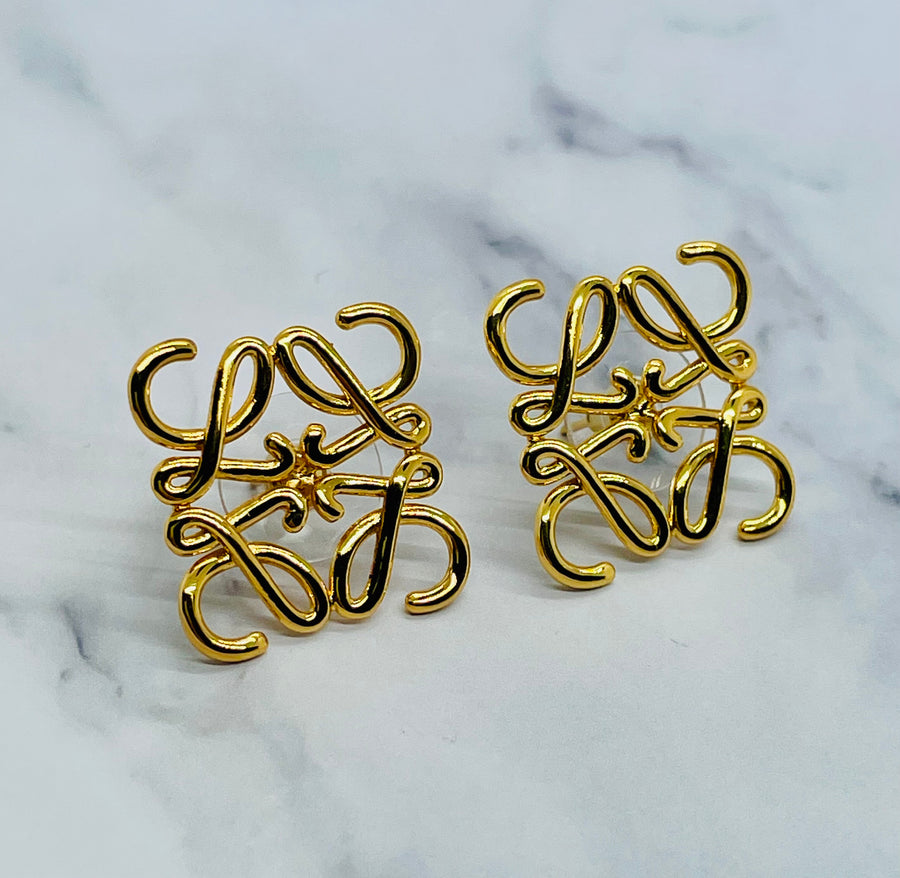LOEWE Monogram Gold Stud Earrings - Pre-Owned