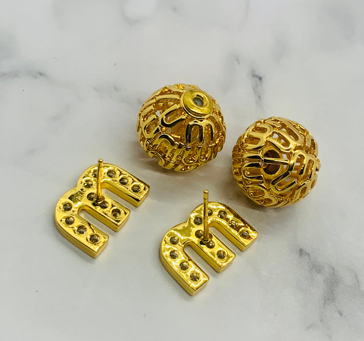 MIU MIU Gold Tone Rhinestone Back Ball Earrings - Pre-Owned — 5
