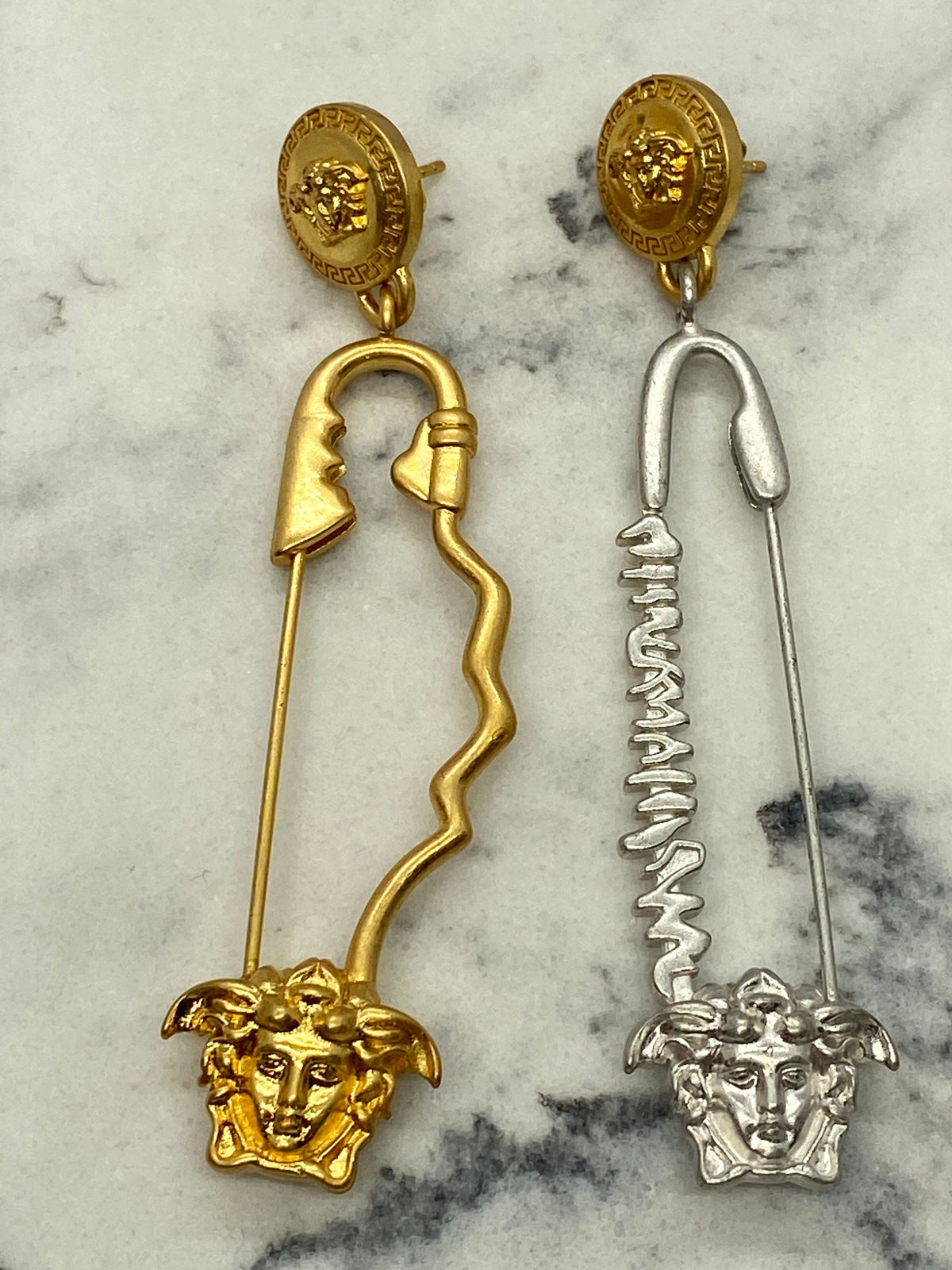 VERSACE Gold and Silver Medusa Safety Pin Earrings - Pre-Owned at The Refashion
