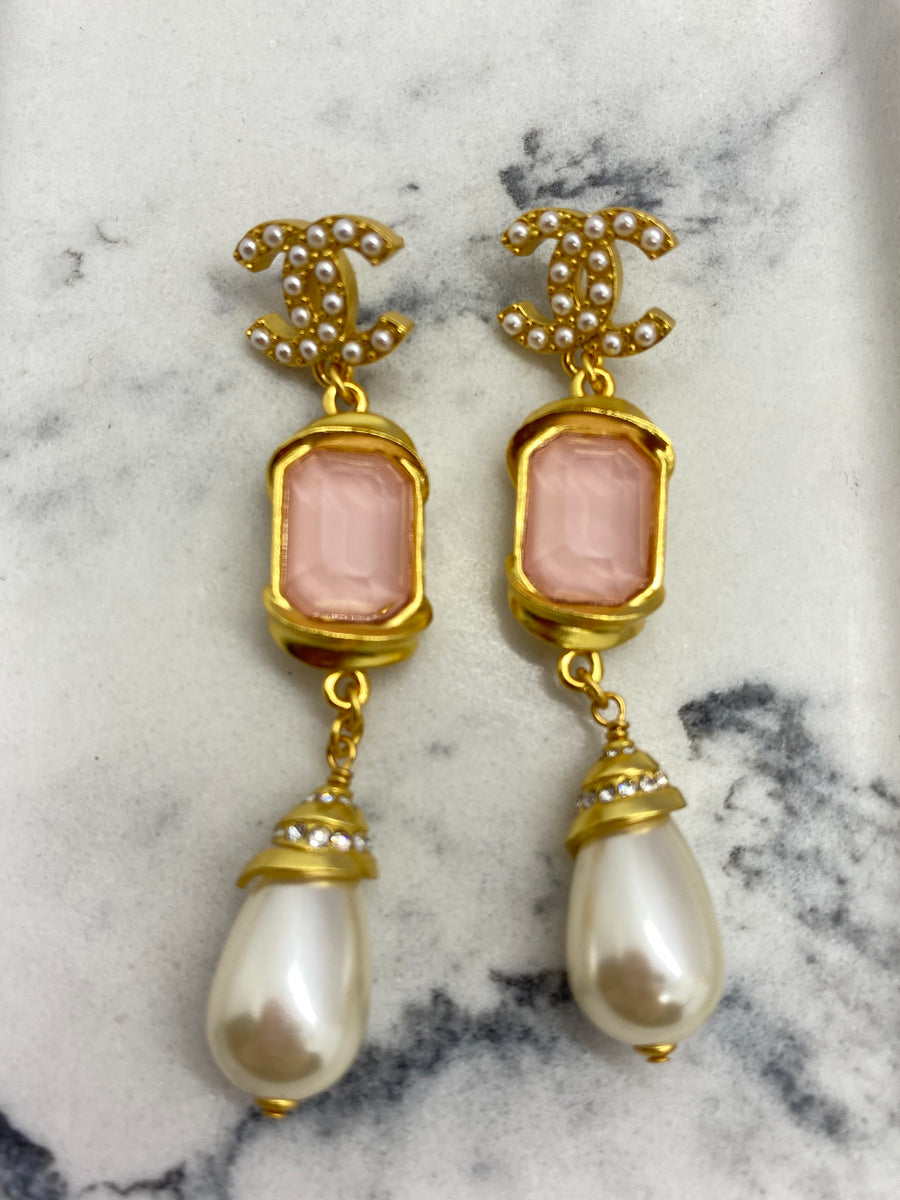 CHANEL CC Peach Pendant Rhinestone Earrings - USED