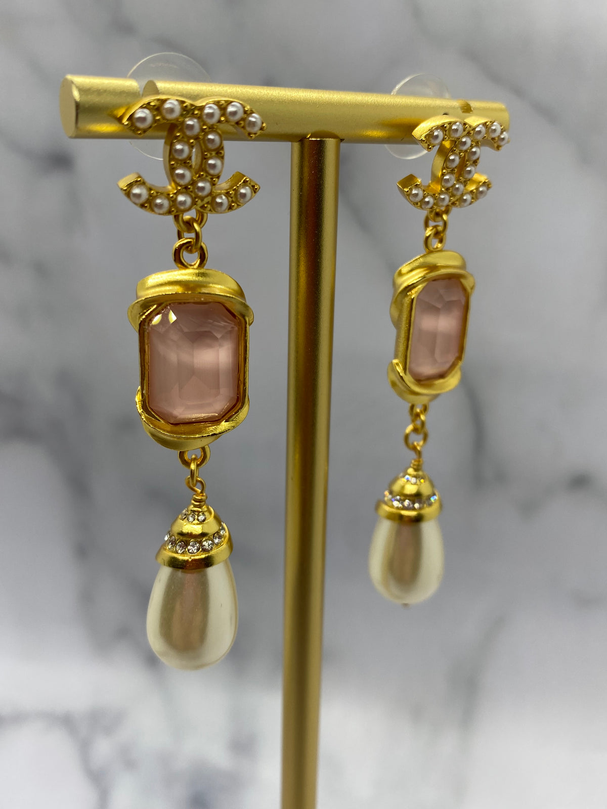 CHANEL CC Peach Pendant Rhinestone Earrings - USED