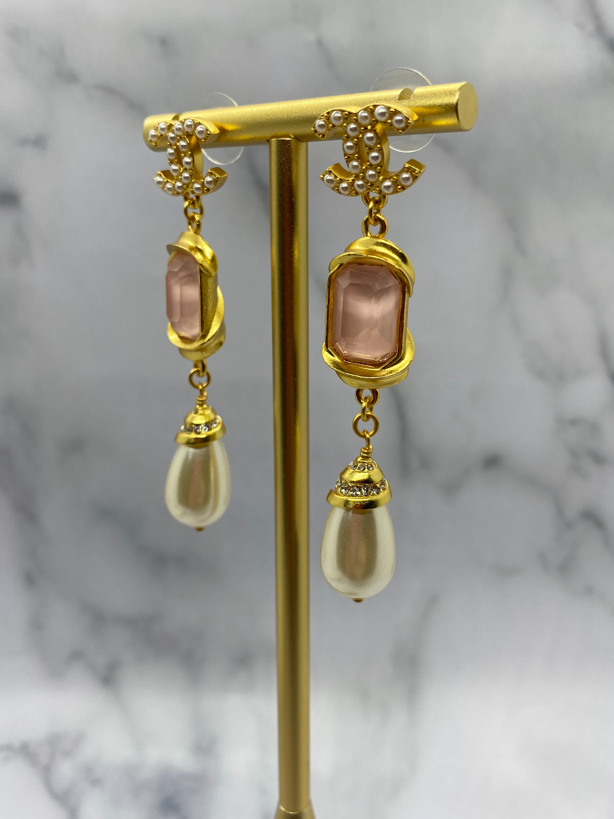 CHANEL CC Peach Pendant Rhinestone Earrings - USED